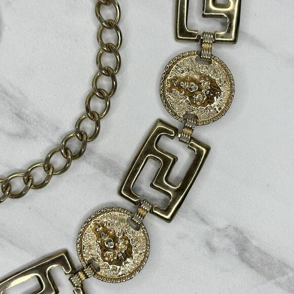 Vintage Gold Tone Greek Key Lion Head Medallion Chain Link Belt Small S Medium M main image 5